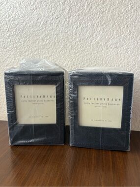 Pottery Barn Colby Leather Photo Bookends - Set of 2 Pebbled Black Leather NIP